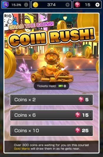 Für Rubine können Sie Coin Rush kaufen, eine Verbesserung, mit der Sie die Anzahl der Münzen erhöhen können, die Sie während des nächsten Rennens gesammelt haben - Mario Kart Tour Guide