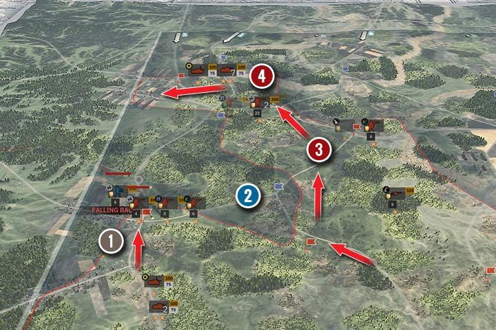 Es ist schwierig, den Feind zu umkreisen, aber wenn man es richtig einsetzt, wird es einfacher, mit seinen Truppen umzugehen. Am südlichen Punkt sind noch Kämpfe im Gange (1) und der Gegner hat noch Truppen am nächsten strategischen Punkt (2). Rot hat jedoch die Position des Feindes umgangen und einige Truppen auf die Westseite gestellt (3). Der Panzer- und Infanteriespion hat die feindliche Verteidigung durchbrochen und ihre Vorräte abgeschnitten (4). Jetzt ist es Zeit, den Feind zu erledigen und die restlichen Punkte zu übernehmen. - Front und strategische Punkte Steel Division 2 - Basics - Leitfaden für Steel Division 2
