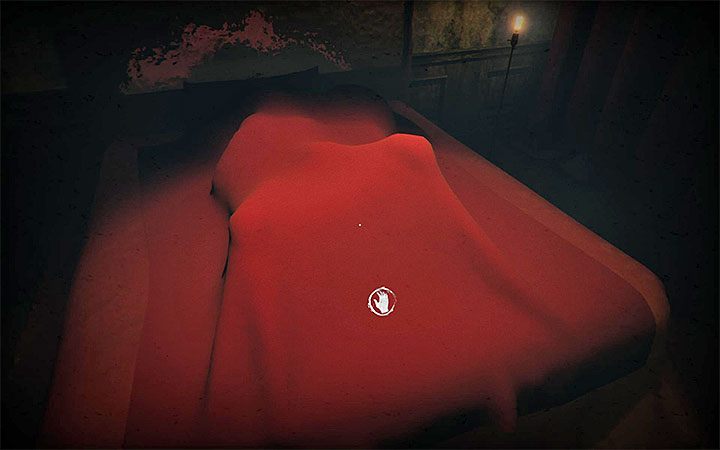 Gehen Sie in den einzigen verfügbaren Raum und nehmen Sie die rote Decke vom Bett, wie in der Abbildung gezeigt - Freilassen von Ratten aus Käfigen | Exemplarische Vorgehensweise für Ebenen der Angst 2 - Akt 4 - Atmen - Anleitung für Ebenen der Angst 2