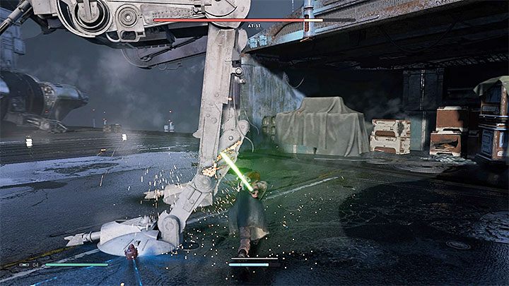 Der beste Weg, den AT-ST schnell zu schwächen, besteht darin, seine unteren mechanischen Beine mit einem Lichtschwert anzugreifen - AT-ST (Planet Zeffo) | Boss der Gefallenen Ordnung - Bosses - Star Wars Jedi Fallen Order Guide