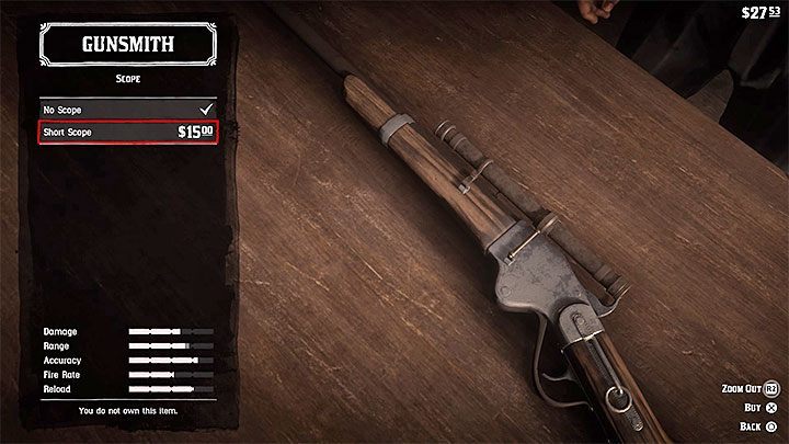 Wählen Sie Scope aus der Liste der Komponenten aus - Wie erhalten Sie ein Scope für Ihr Gewehr in RDR2? - FAQ - Red Dead Redemption 2 Anleitung