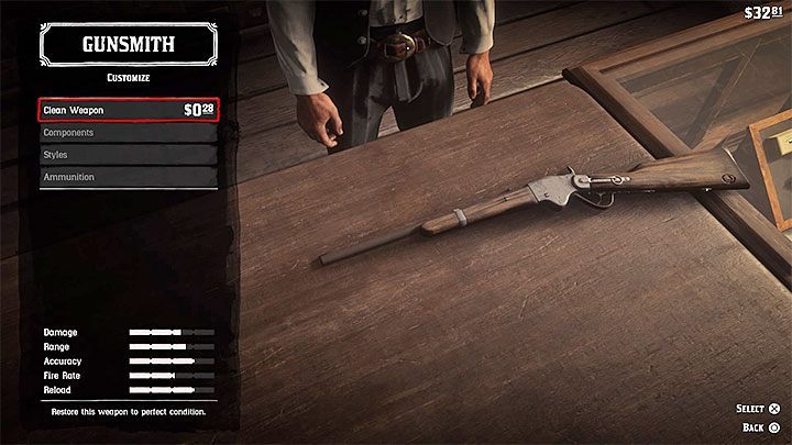 Wenn Sie kein Waffenöl haben, können Sie auch einen der Büchsenmacher aufsuchen und für die Reinigung Ihrer Waffe bezahlen - Wie repariert man Waffen in Red Dead Redemption 2? - FAQ - Red Dead Redemption 2 Anleitung