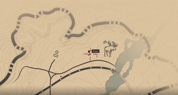 Der Widder bewegt sich in dem Bereich, der auf dem Bildschirm unten markiert ist - Legendärer Elch in Red Dead Redemption 2 - Legendäre Tiere - Leitfaden für Red Dead Redemption 2