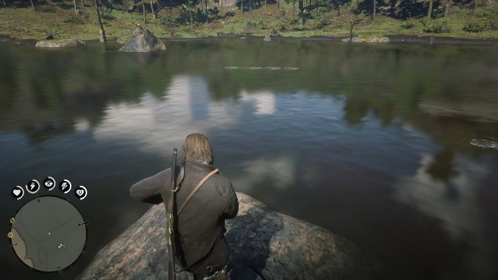 Der beste Ort, um die Rute zu werfen, ist der Felsen in der Mitte des Sees - Legendärer Barschfisch in RDR2 - Legendärer Fisch - Red Dead Redemption 2 Guide