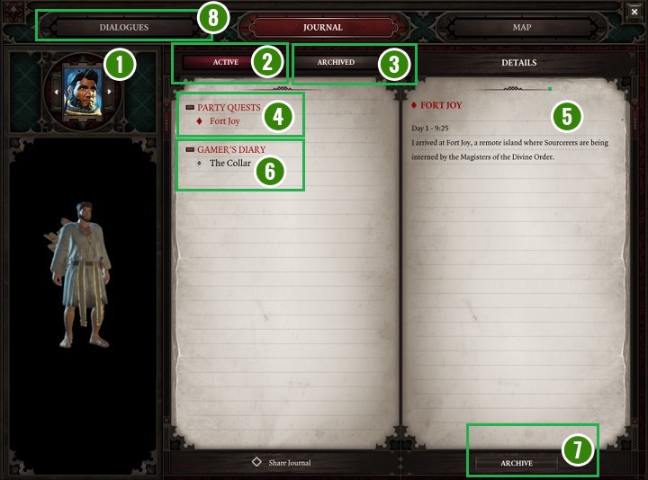Der obige Screenshot zeigt den Journalinhalt des einzelnen Helden - Game Interface | Grundlagen - Grundlagen - Divinity: Original Sin II Game Guide