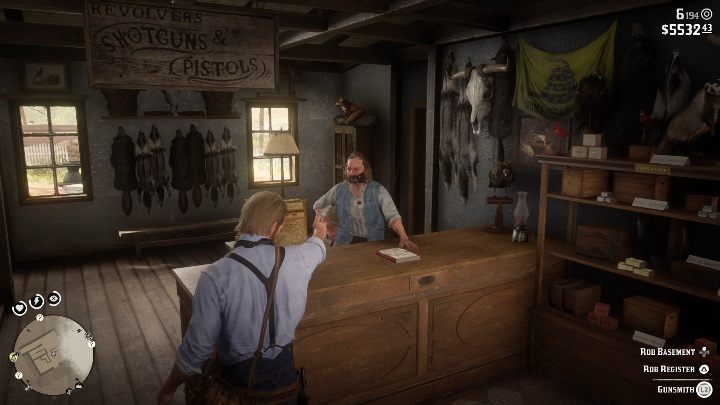 Gehen Sie in den Laden und bedrohen Sie den Mann mit Ihrer Waffe - Ladenraub in Red Dead Redemption 2 - Nebenaufgaben - Red Dead Redemption 2-Anleitung