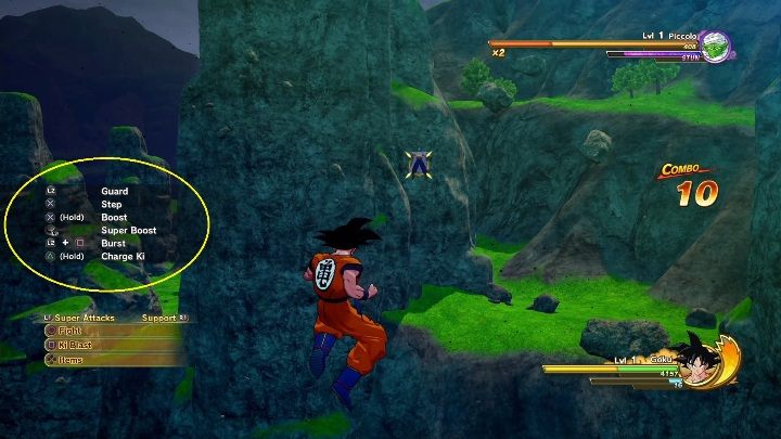 Die Kampfsteuerung wird auf der linken Seite des Bildschirms angezeigt - Kampfsystem | DBZ Kakarot Grundlagen - Grundlagen - Dragon Ball Z Kakarot Guide