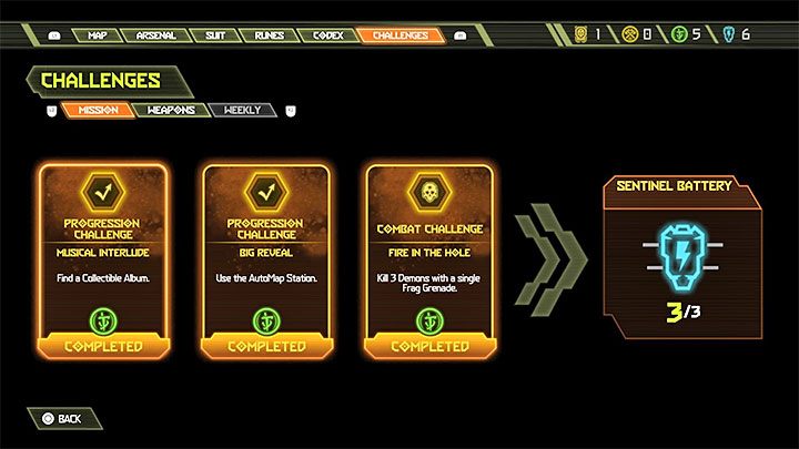 Die Belohnung für das Abschließen jedes Satzes von 3 Missionsherausforderungen ist ein Sentinel-Akku - Doom Eternal: Challenges-Leitfaden - Grundlagen - Doom Eternal-Leitfaden