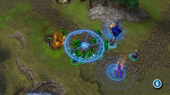 Verwenden Sie den Zauber "Magie zerstreuen", um Gruppen von Skeletten zu eliminieren. Sie können auch den Blizzard-Zauber verwenden. Jaina kann einen Regen von Eisscherben beschwören, der Feinden und Verbündeten für kurze Zeit Flächenschaden zufügt. - Verwüstungen der Pest | Warcraft III Reforged Walkthrough - Human Campaign - Warcraft III Reforged Guide
