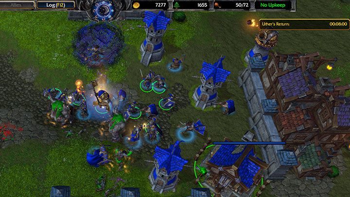 Eine starke Verteidigung in Form von Kundschaftertürmen und einer Gruppe von Soldaten zusammen mit Arthas ermöglicht es Ihnen, bis zum Ende der Mission zu überleben. - Marsch der Geißel | Warcraft III Reforged Walkthrough - Human Campaign - Warcraft III Reforged Guide