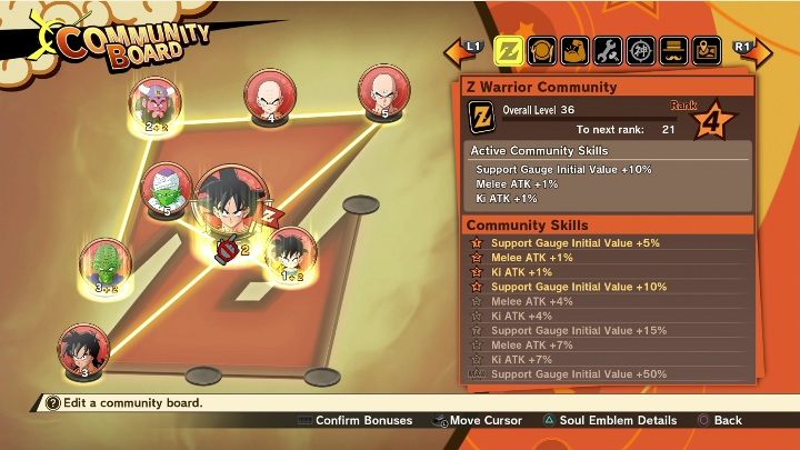 Sie können das Community Board bearbeiten und die während der - Community | erhaltenen Seelenembleme platzieren DBZ Kakarot Grundlagen - Grundlagen - Dragon Ball Z Kakarot Guide