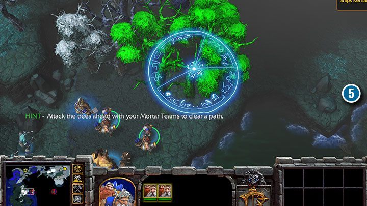Verwenden Sie Ihre Mörserteams, um die Bäume auf Ihrem Weg zu bombardieren. - Zwietracht | Warcraft III Reforged Walkthrough - Human Campaign - Warcraft III Reforged Guide