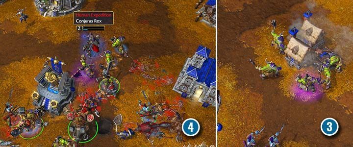 Höllenschrei greift alle Feinde um seine Basis an (span class = wcn3,4 / span). Es lohnt sich, das Blutrauschen Ihrer Verbündeten zu nutzen, um dasselbe Gebiet anzugreifen und so eine starke Armee einzusetzen. Auf diese Weise können Sie leicht alle feindlichen Armeen loswerden. Nur ein feindlicher Spieler steht auf dem Weg zum Missionsziel (blauer Spieler). - Schrei des Kriegshymnen | Warcraft III Reforged Walkthrough - Ork-Kampagne - Warcraft III Reforged Guide