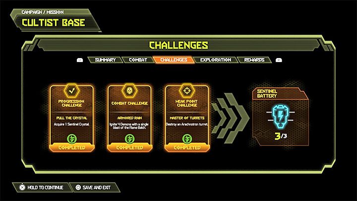 Wenn du alle 3 Herausforderungen einer bestimmten Mission abgeschlossen hast, erhältst du eine Sentinel-Batterie - Doom Eternal: Missionsherausforderungen - wie kann ich sie freischalten? - Kampagne - Doom Eternal Guide