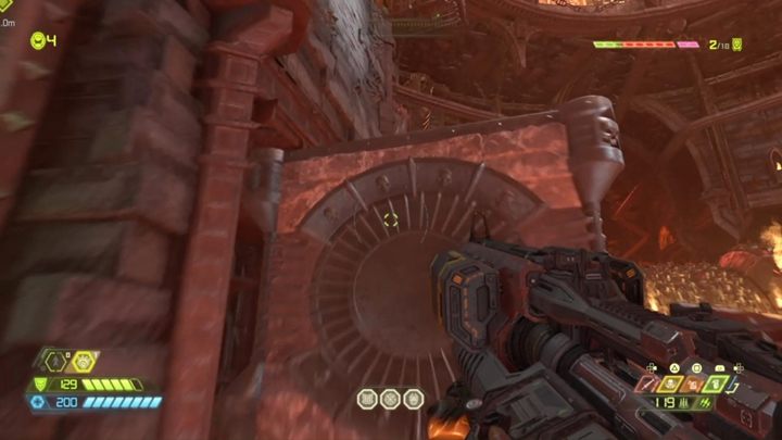 Unten musst du den Knopf an der Wand drücken, um die Balken anzuheben - Doom Eternal: Nekravol 1 - Komplettlösung - Level-Komplettlösung - Doom Eternal Guide