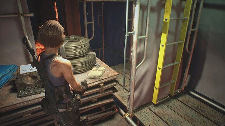 Die Notiz befindet sich auf einem der höheren Gerüste des brennenden Gebäudes der Abbruchstelle - Resident Evil 3: Geheimnisse der Abbruchstelle, Sammlerstücke - Sammlerstücke und Geheimnisse - Resident Evil 3-Leitfaden