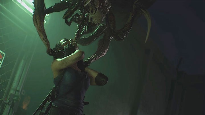 Kurz nach dem Öffnen des Tores wird Jill bei einem Überraschungsangriff von der ersten Spinne angegriffen. Leider kann dies nicht verhindert werden - Resident Evil 3: Wiederherstellung der Stromversorgung des Umspannwerks - Puzzle Solutions - Resident Evil 3 Guide