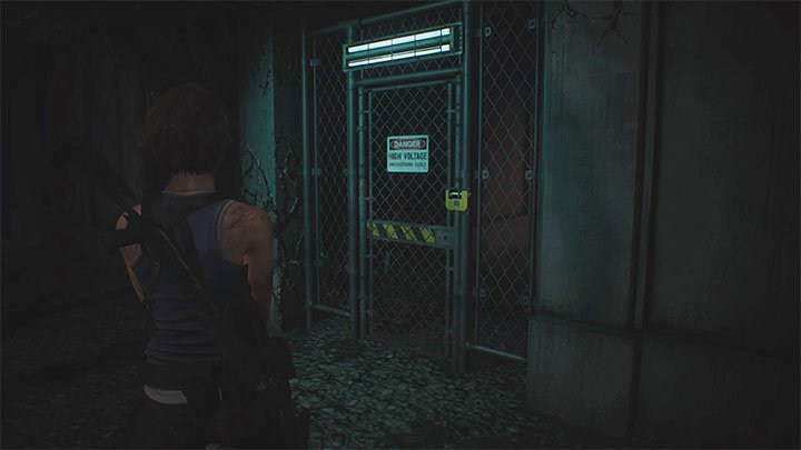 Verwenden Sie den Dietrich an dem im Screenshot gezeigten Tor - er führt zu einem Bereich mit vier Unterbrechern - Resident Evil 3: Wiederherstellung der Stromversorgung des Umspannwerks - Puzzle-Lösungen - Resident Evil 3-Handbuch