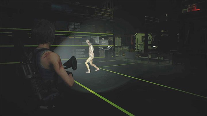 Der erste Pale Head-Zombie wird erscheinen - es handelt sich um viel haltbarere Zombiesorten, die darüber hinaus ihre Gesundheit regenerieren können, wenn sie in Ruhe gelassen werden - Warehouse-Puzzle - Puzzle-Lösungen - Resident Evil 3 Guide