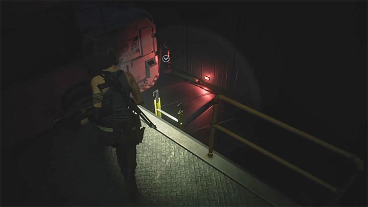 Laufen Sie den neu angehobenen Aufzug entlang und erreichen Sie die im Bild gezeigte Leiter - Warehouse Puzzle - Puzzle Solutions - Resident Evil 3 Guide