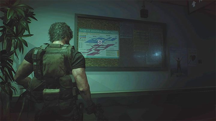 In der nordwestlichen Ecke des Hauptkorridors finden Sie eine Anschlagtafel mit einer daran angehängten Krankenhauskarte - Resident Evil 3: Krankenhaus - Carlos-Komplettlösung - Story-Komplettlösung - Resident Evil 3-Leitfaden