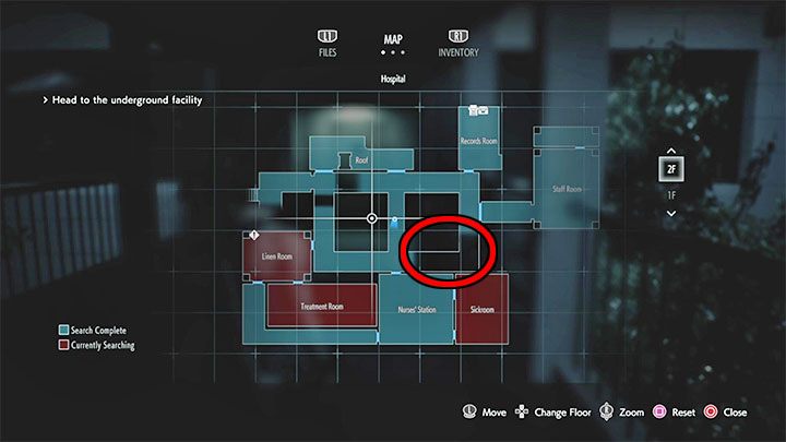 Interessieren Sie sich für die im Bild hervorgehobene südwestliche Ecke des Innenhofs - Resident Evil 3: Krankenhaus - Jill - Komplettlösung - Story - Komplettlösung - Resident Evil 3 - Leitfaden