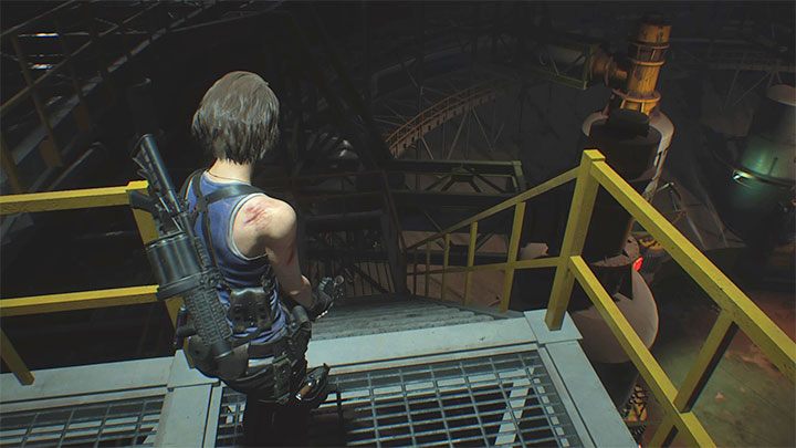 Das dritte obligatorische Duell mit Nemesis beginnt kurz nach dem Verlassen des Workers Break Room und dem Versuch, die im Bild gezeigten Treppen zu nehmen - Resident Evil 3: Endgültiges Duell mit Nemesis - Komplettlösung - Story - Komplettlösung - Resident Evil 3 - Leitfaden
