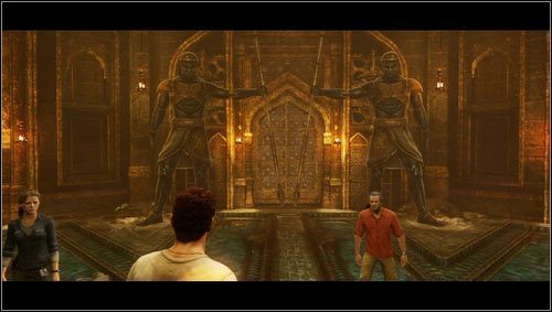 Nachdem wir durch einen langen Korridor gegangen sind, betreten wir einen Raum mit zwei Statuen, die die mittlere Tür bewachen (1) - Uncharted 3: Rätsel in Kapitel 11 - wie lösen? - FAQ - Uncharted 3 Drakes Deception Guide