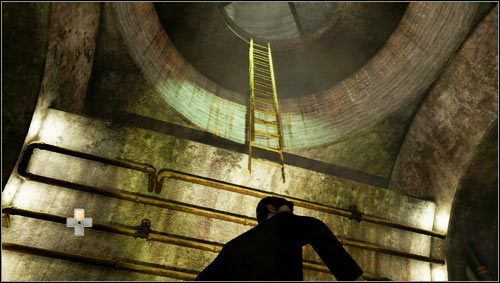 Nachdem wir den nächsten Raum betreten haben, schauen wir nach oben, um die Leiter [1] zu finden, die wir erreichen können, indem wir die Rohre entlang der Wand hochklettern - Uncharted 3: Kapitel 4 - Run to Ground Walkthrough - Walkthrough - Uncharted 3 Drakes Deception Guide