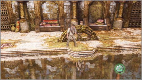 In der Wasserreflexion sehen Sie Drake auf der linken Seite stehen (1) - Uncharted 3: Kapitel 21 - Walkthrough zu Atlantis of the Sands - Walkthrough - Uncharted 3 Drakes Deception Guide
