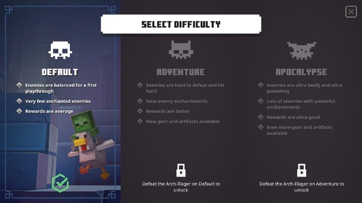 Zusätzlich zu den Schwierigkeitsgraden der Karte bietet das Spiel auch allgemeine Schwierigkeitsgrade - Minecraft Dungeons: Weapons - wie bekommt man einen besseren? Schwierigkeitsgrade - FAQ - Minecraft Dungeons Guide