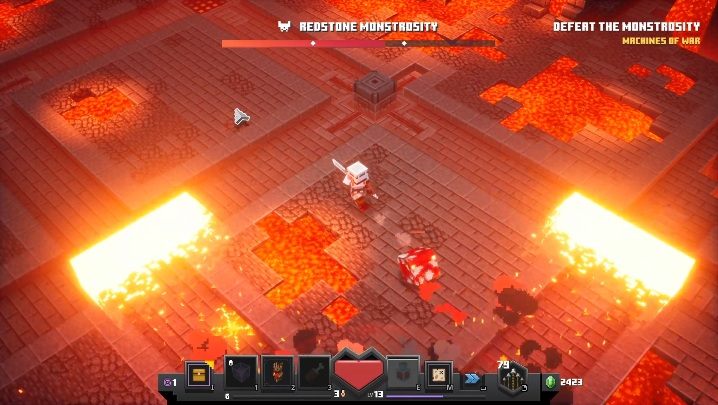 Ein spezieller Angriff, mit dem Sie Ihre Gegner loswerden können, ist eine Lavaexplosion - Minecraft Dungeons: Redstone Monstrosity-Bosskampf-Komplettlösung - Bosse - Minecraft Dungeons Guide