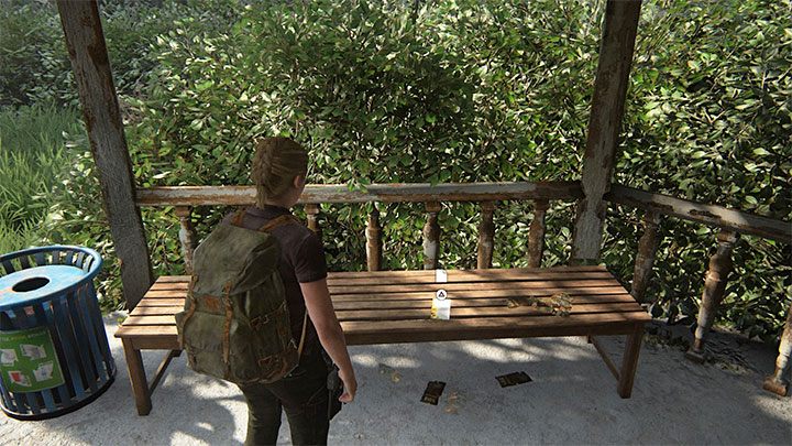 Schauen Sie sich im Park nach der Bank um, auf der sich der Flyer befindet - The Last of Us 2: Tracking-Lektion - Sammlerstücke, Artefakte, Münzen - The Park - The Last of Us 2 Guide