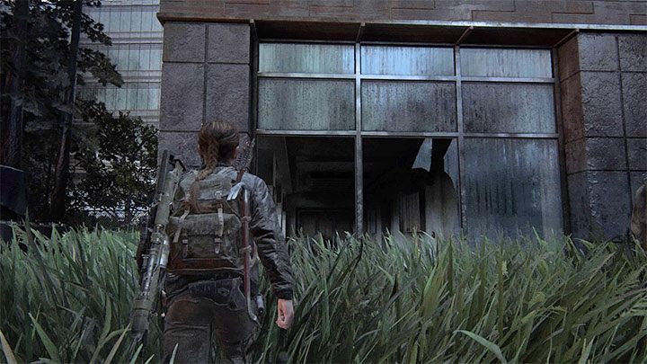 Biegen Sie rechts ab und betreten Sie das auf dem Bild gezeigte Gebäude mit großen Glasscherben - The Last of Us 2: The Descent - Sammlerstücke, Artefakte, Münzen - Seattle Day 2 - Abby - The Last of Us 2 Guide