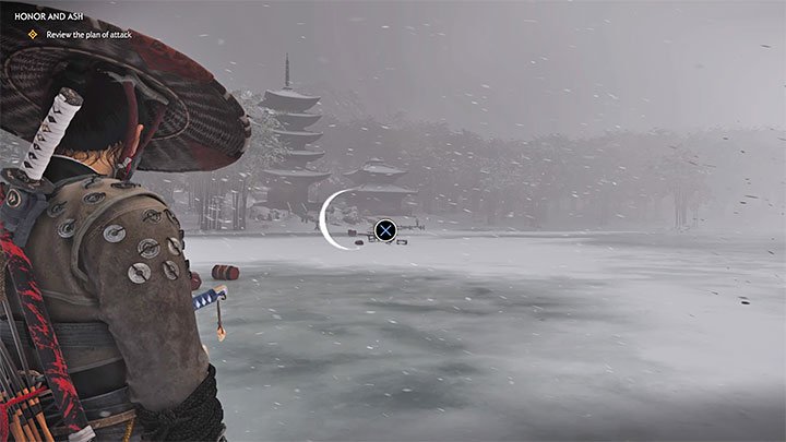 Erreichen Sie den neuen Aussichtspunkt, der vom Spiel markiert ist, von wo aus Sie einen zugefrorenen See und einen von den Mongolen besetzten Tempel entdecken können - Geist von Tsushima: Walkthrough zu Ehre und Asche - Akt 3 - Geist von Tsushima-Führer, Walkthrough
