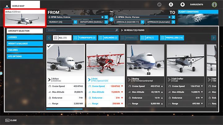 Zusätzlich zur Auswahl des Flugzeugs können Sie die aktuelle Farbe des Flugzeugs auf der Registerkarte "Lackierungen" ändern, jedoch nur, wenn Sie sie bereits heruntergeladen oder gekauft haben - Microsoft Flight Simulator: Spielmodi - Grundlagen - Microsoft Flight Simulator 2020-Handbuch