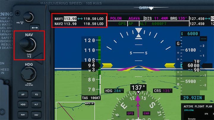 2 - Drehen Sie den Knopf, um die Frequenz auf 109 zu ändern. - Microsoft Flight Simulator: ILS - Automatische Landung - Erweitertes Fliegen - Microsoft Flight Simulator 2020-Handbuch