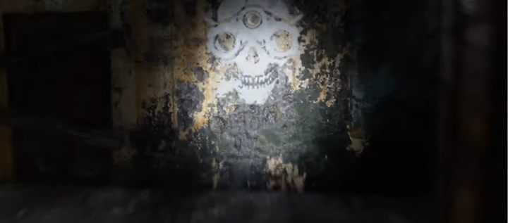 Im Inneren befindet sich ein weißer Schädel an der Wand - Night Stashes | Sams Story DLC-Geheimnisse - Geheimnisse - Metro Exodus Guide