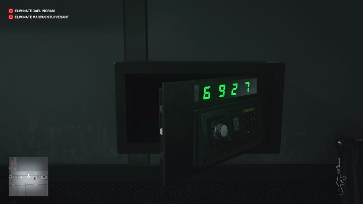 Before you leave this room, open the small safe - the code is 6927 - Hitman 3: Marcus Stuyvesant - how to kill him? Dubai, walkthrough - On Top of the World - Dubai - Hitman 3 Guide