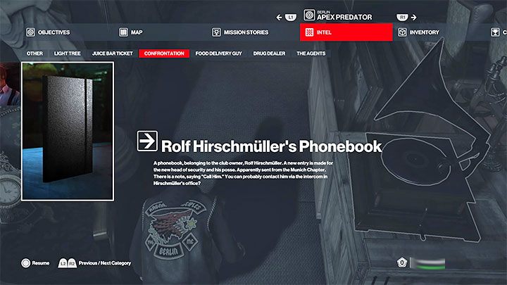 Untersuchen Sie außerdem den Bereich, in dem Sie den Clubbesitzer angegriffen haben, um das Telefonbuch von Rolf Hirschmüller zu finden – Hitman 3: The Assassination of Agent Montgomery (The Leader) – Berlin, Komplettlösung – Apex Predator – Berlin – Hitman 3 Guide