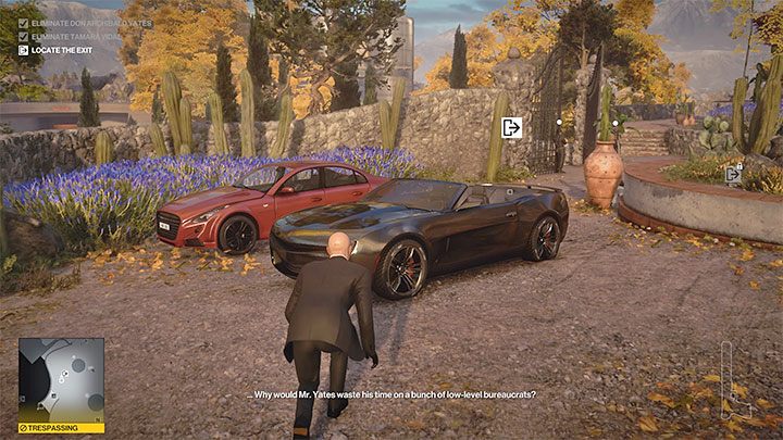 Sie können mit dem schwarzen Cabrio entkommen, das im Hof ​​vor dem Herrenhaus geparkt ist (Punkt 45 auf der Karte) – Hitman 3: Mendoza-Karte – wie verlassen Sie es?  – Der Abschied – Mendoza – Hitman 3 Guide