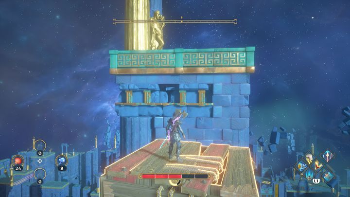 Jump on the building shown in the picture and activate the button - Immortals Fenyx Rising: Judgment Day - walkthrough - Athenas quests - Immortals Fenyx Rising Guide