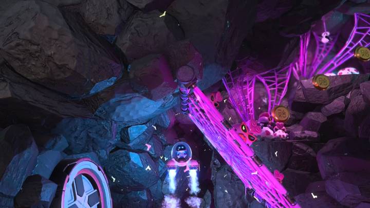 Schießen Sie geradeaus nach oben, um die rosa Spinnweben zu durchbrechen - Astros Playroom: Caching Caves - Komplettlösung - SSD Highway - Astros Playroom Guide