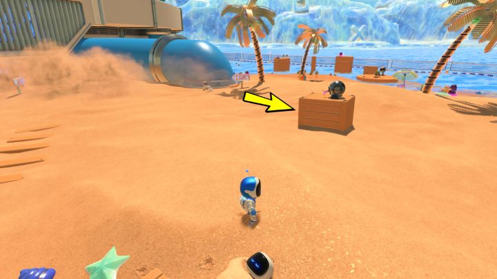 Schauen Sie sich um und suchen Sie die Truhe, auf der sich ein Feind befindet, aus dessen Kopf Drähte herausragen - Astros Playroom: Bot Beach - Komplettlösung - Kühlquellen - Astros Playroom Guide