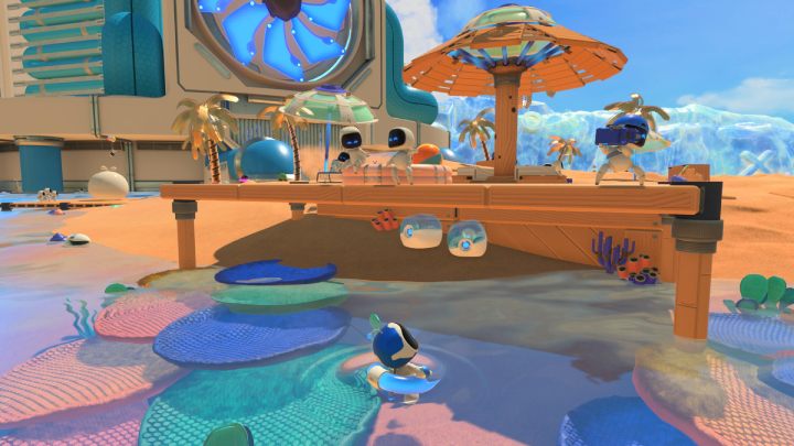 Springe vom Regenschirm und sammle die Münzen ein, die darunter liegen - Astros Playroom: Bot Beach - Komplettlösung - Kühlquellen - Astros Playroom Guide