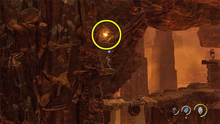 Bleib dort, wo dich der Aufzug gebracht hat und springe zu den Felsvorsprüngen auf der linken Seite - Oddworld Soulstorm: Entkomme aus der brennenden Höhle, The Raid on Monsaic - Komplettlösung - 1: The Raid on Monsaic - Oddworld Soulstorm Guide