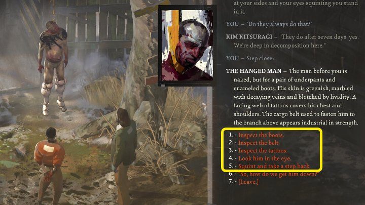 Jetzt müssen Sie den Körper untersuchen - alle Dialogoptionen auswählen und alle möglichen Hinweise überprüfen, um so viele Informationen wie möglich zu erhalten - Disco Elysium: Gehängter Körper - wie herunterziehen?  - FAQ - Disco Elysium Guide