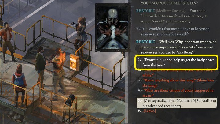 Gehen Sie zu Measurehead und sprechen Sie mit ihm - Disco Elysium: Gehängter Körper - wie kann man ihn herunterziehen?  - FAQ - Disco Elysium Guide