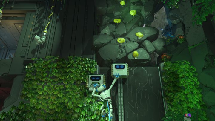 Nimm das Quadrat oben und klettere auf die gelben Stöcke, bis du den Kontrollpunkt erreichst - Astros Playroom: Teraflop Treetops - Komplettlösung - GPU Jungle - Astros Playroom Guide
