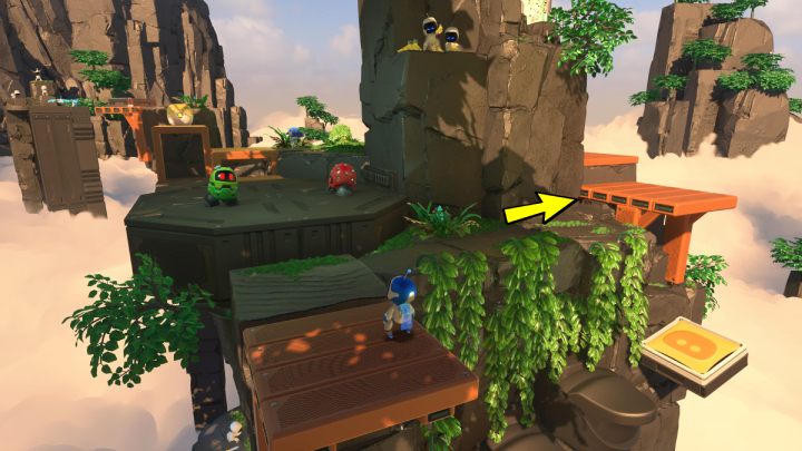 Springen Sie die Treppe hinauf auf das gelbe Trampolin, das Sie zum nächsten Bereich der Insel führt - Astros Playroom: Raytrace Ruins - Komplettlösung - GPU Jungle - Astros Playroom Guide